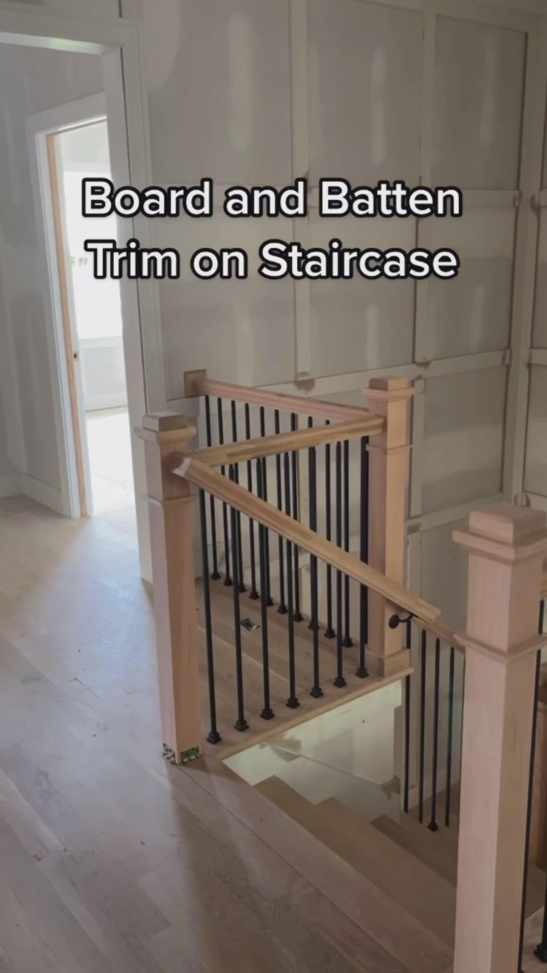 This may contain: a stair case with the words board and batten trim on staircase