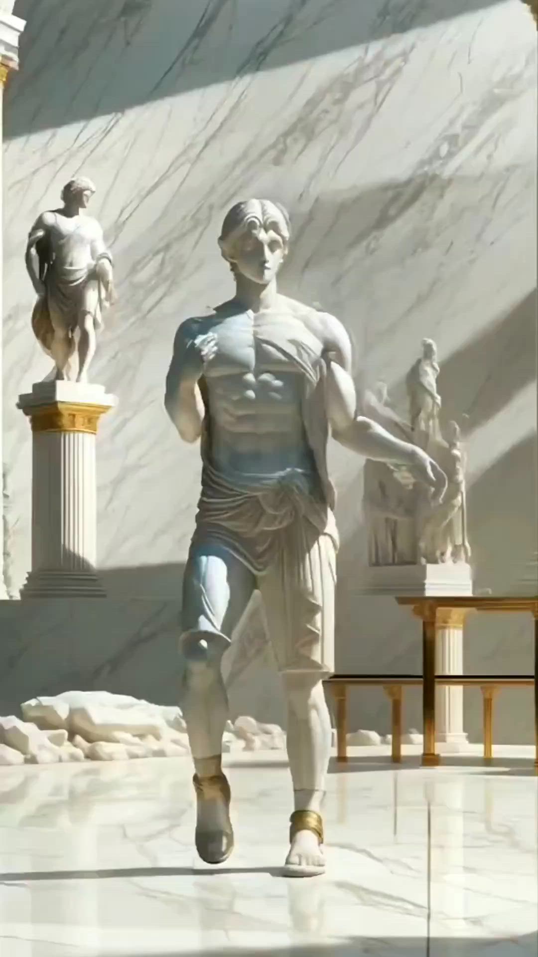 This may contain: a marble statue of a man running in front of some statues on either side of him