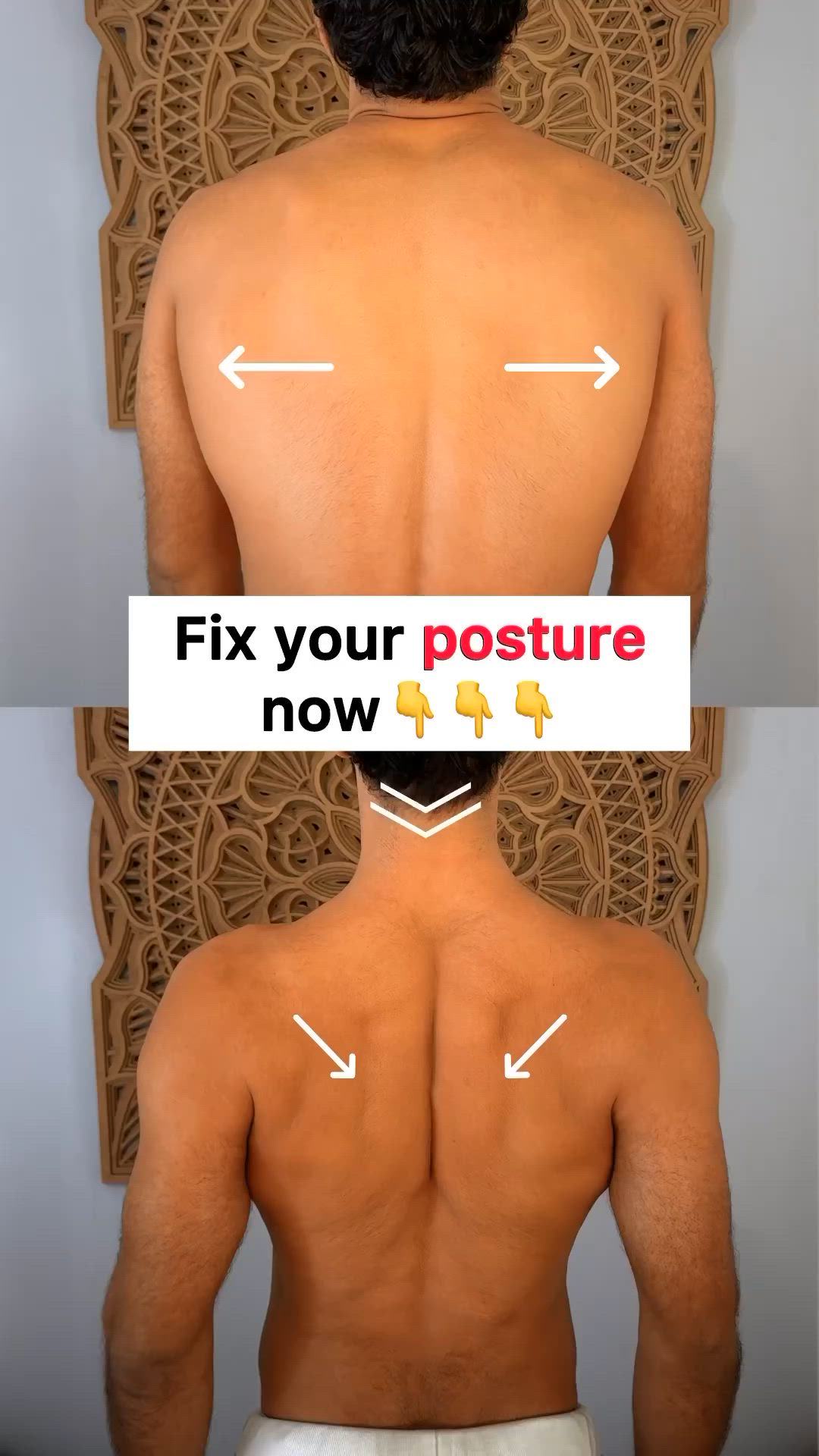 This may contain: a man's back with the words fix your posture now and then on it