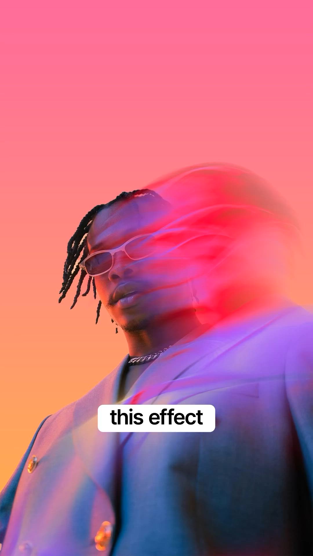 This may contain: a man with dreadlocks standing in front of an orange and pink background that says, this effect