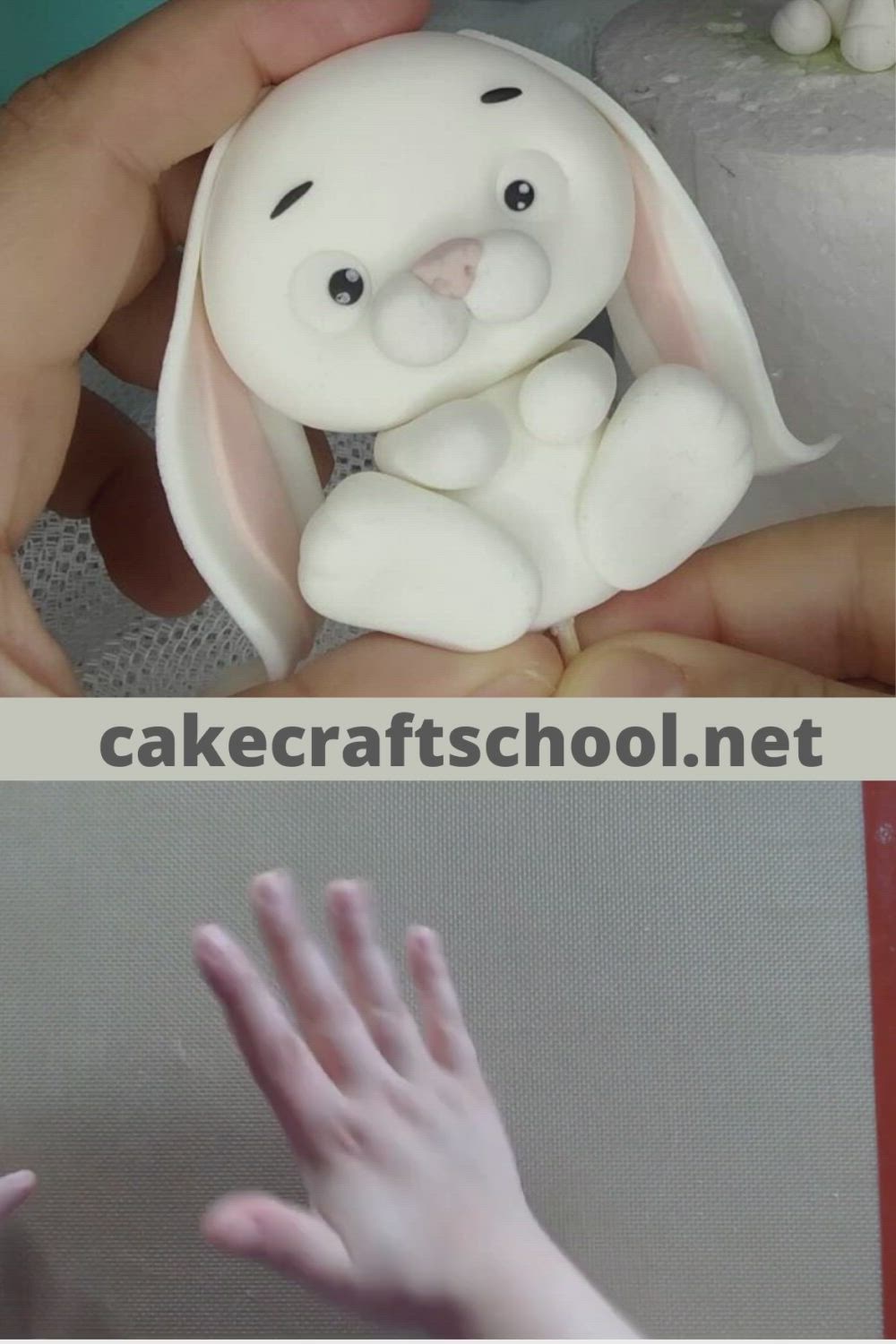 This may contain: two pictures with hands reaching out towards a toy rabbit