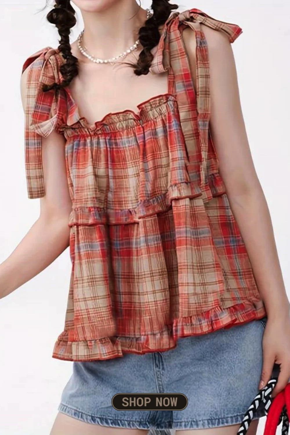 Plaid Print Ruffle Trim Tiered Top, Casual Sleeveless Knot Strap Top For Summer