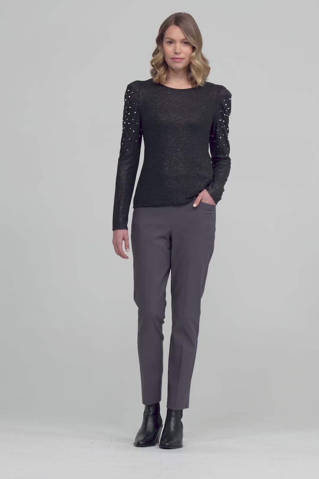 Brand: Joseph Ribkoff Style: 213046 Color: Grey/Silver Composition: 76% Viscose Rayon; 11% Acrylic; 10% Lurex; 3% Spandex