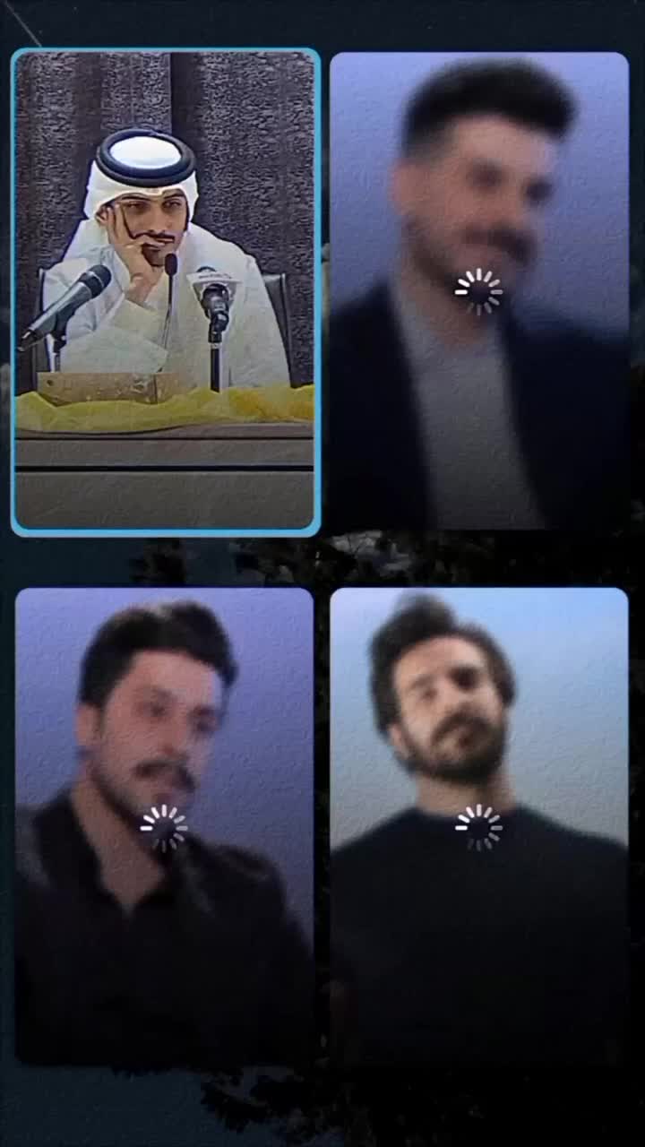 This may contain: four different pictures of the same man in front of microphones and an image of another man with a beard