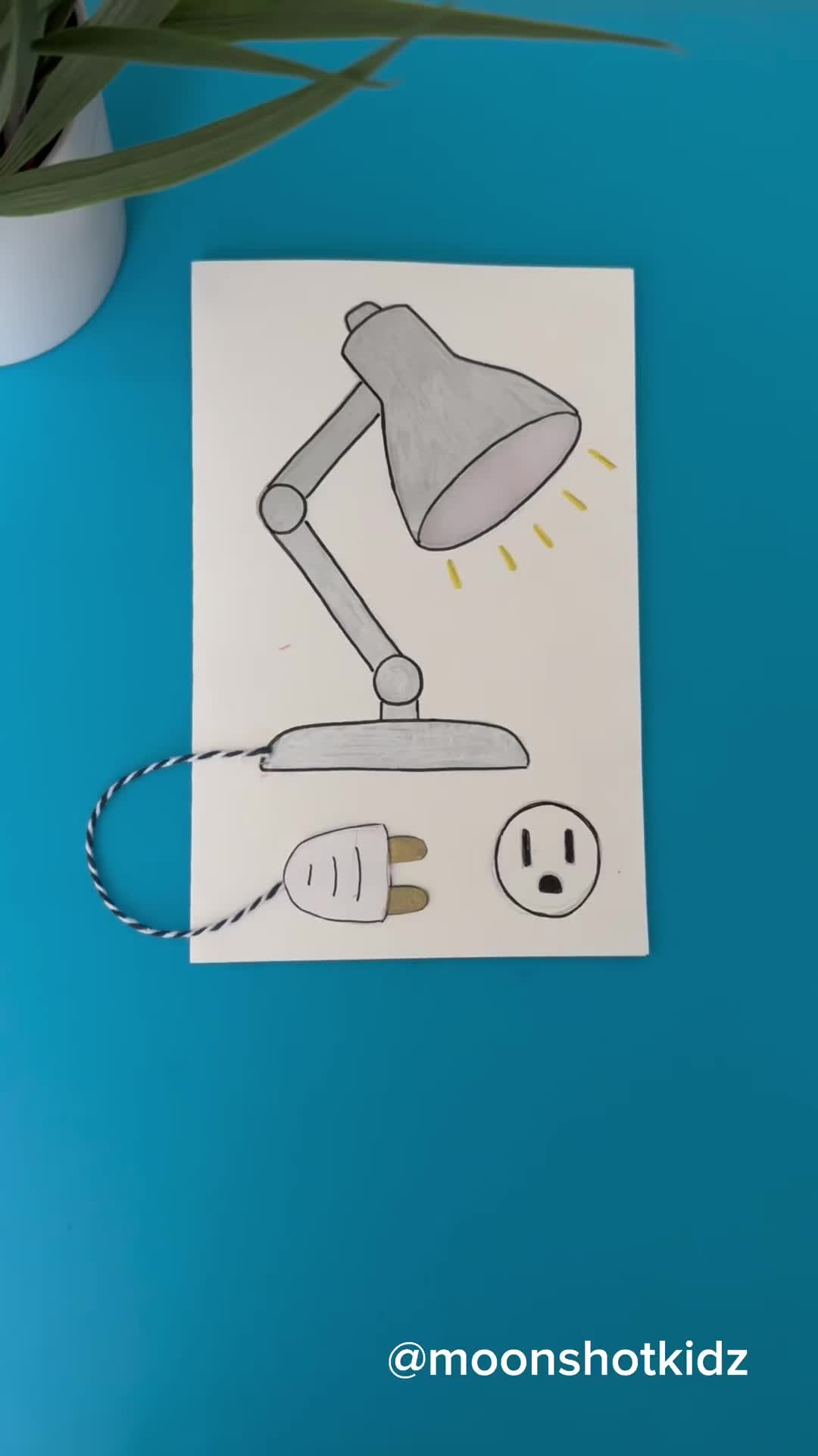 This may contain: a drawing of a desk lamp on top of a blue table next to a potted plant