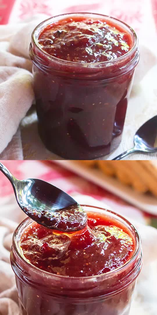 This may contain: two pictures of jam in a jar and spoon with the words merry christmas jam on it