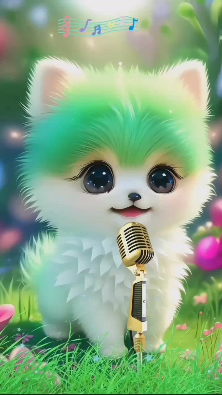 This may contain: a small dog with green hair holding a microphone