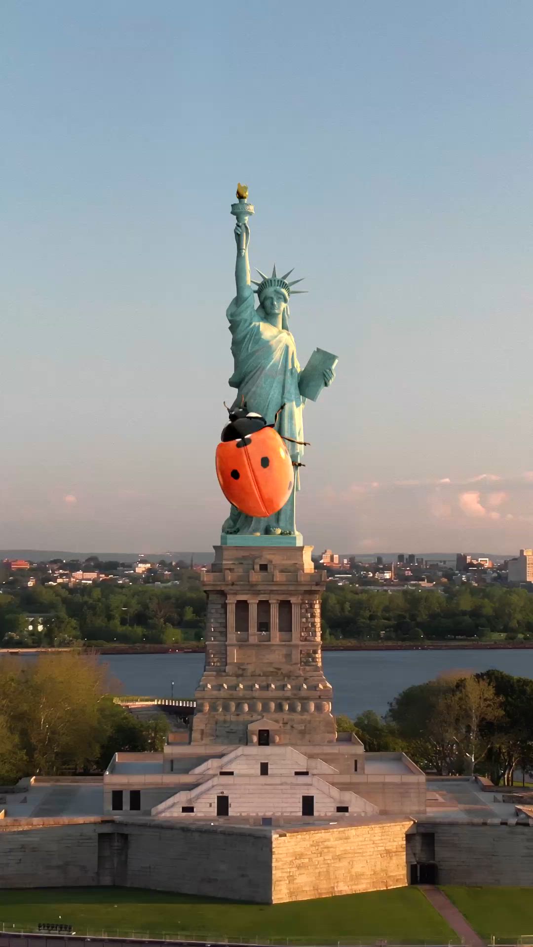 This may contain: the statue of liberty has an orange pumpkin in it's mouth