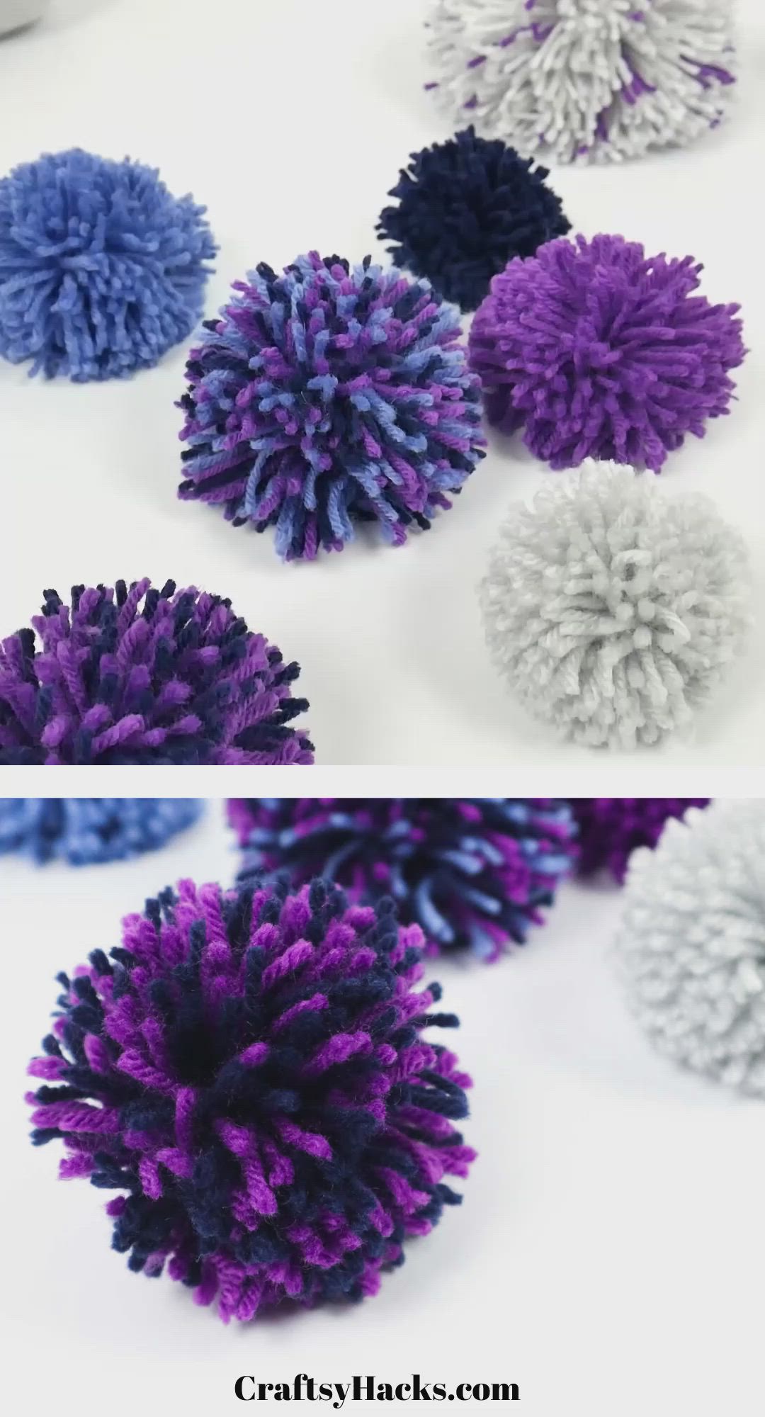 This may contain: several different colors of pom poms on a white surface with text overlay