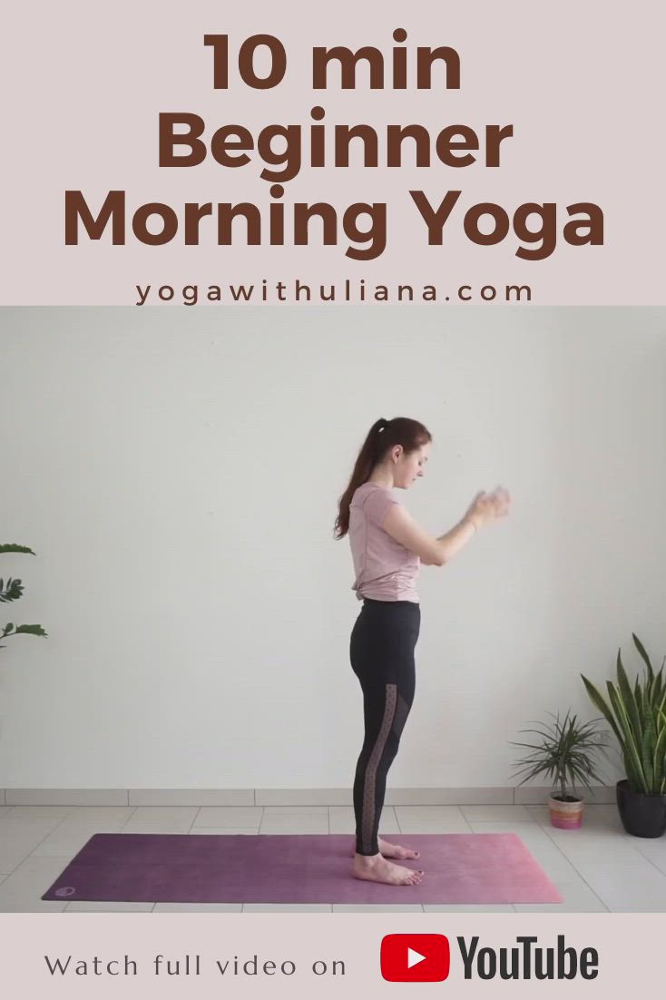 This may contain: a woman doing yoga poses with the words 10 min beginner morning yoga on it