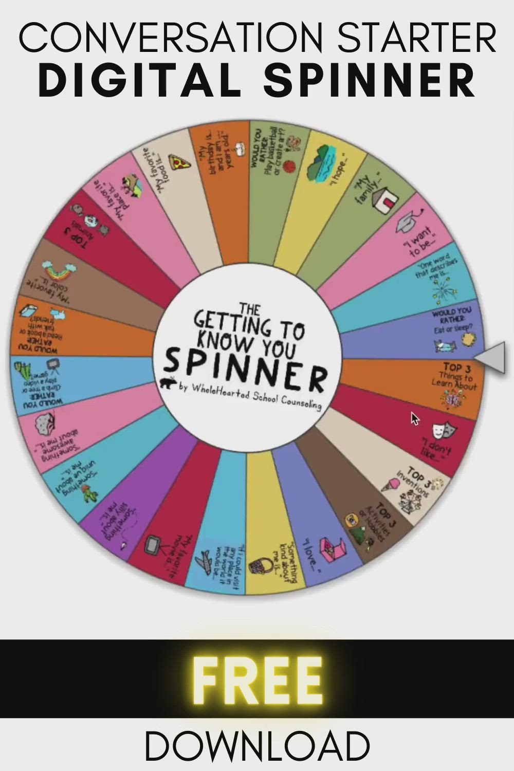 This may contain: an image of a spinning wheel with the words,'free conversation starter digital spiner '