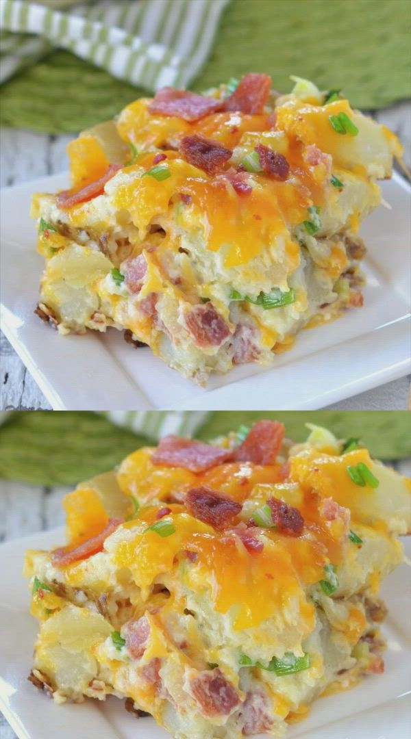 This may contain: two pictures of an egg casserole on a white plate