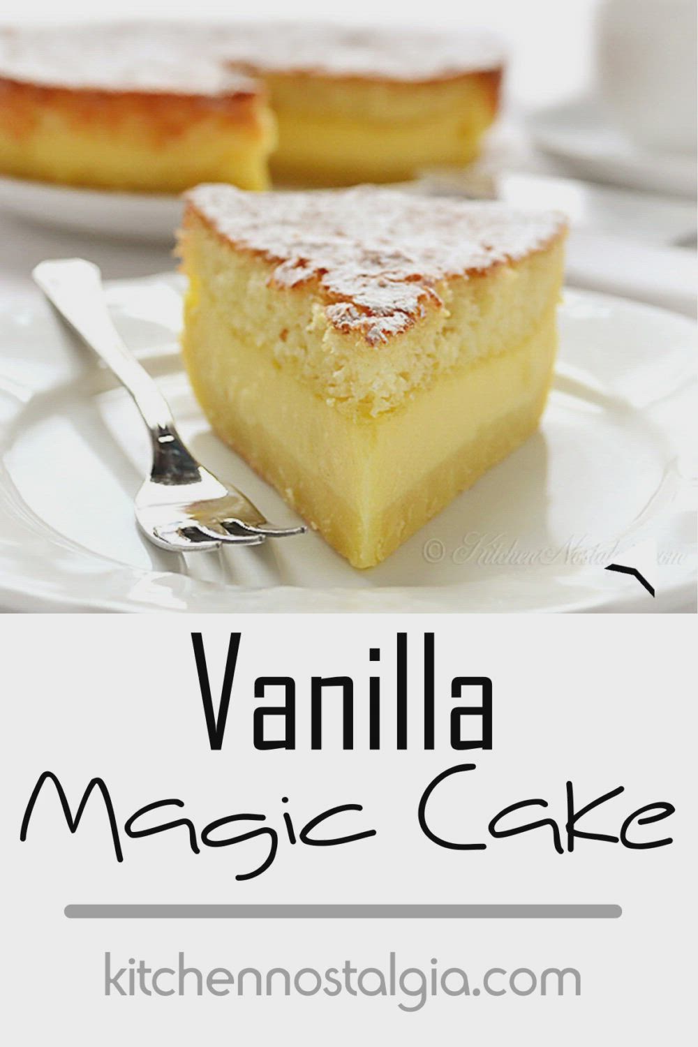 This may contain: vanilla magic cake on a white plate