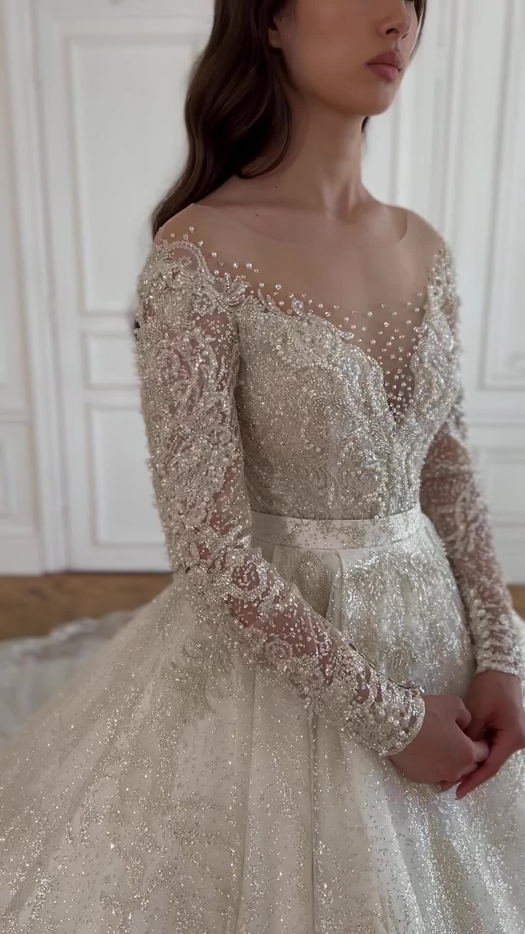 This contains: Off-shoulder sheer v-neckline beaded lace corset sparkly glitter tulle lush skirt royal princess fairytale ballgown wedding dress with long train