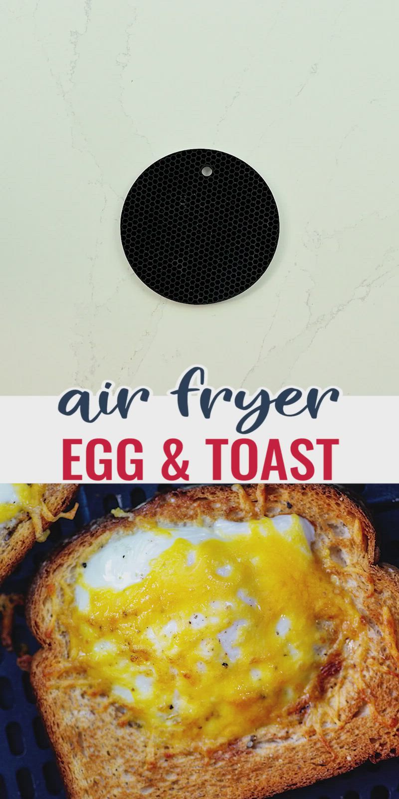 This may contain: an egg and toast sandwich in a black container with the words air fryer egg and toast on it