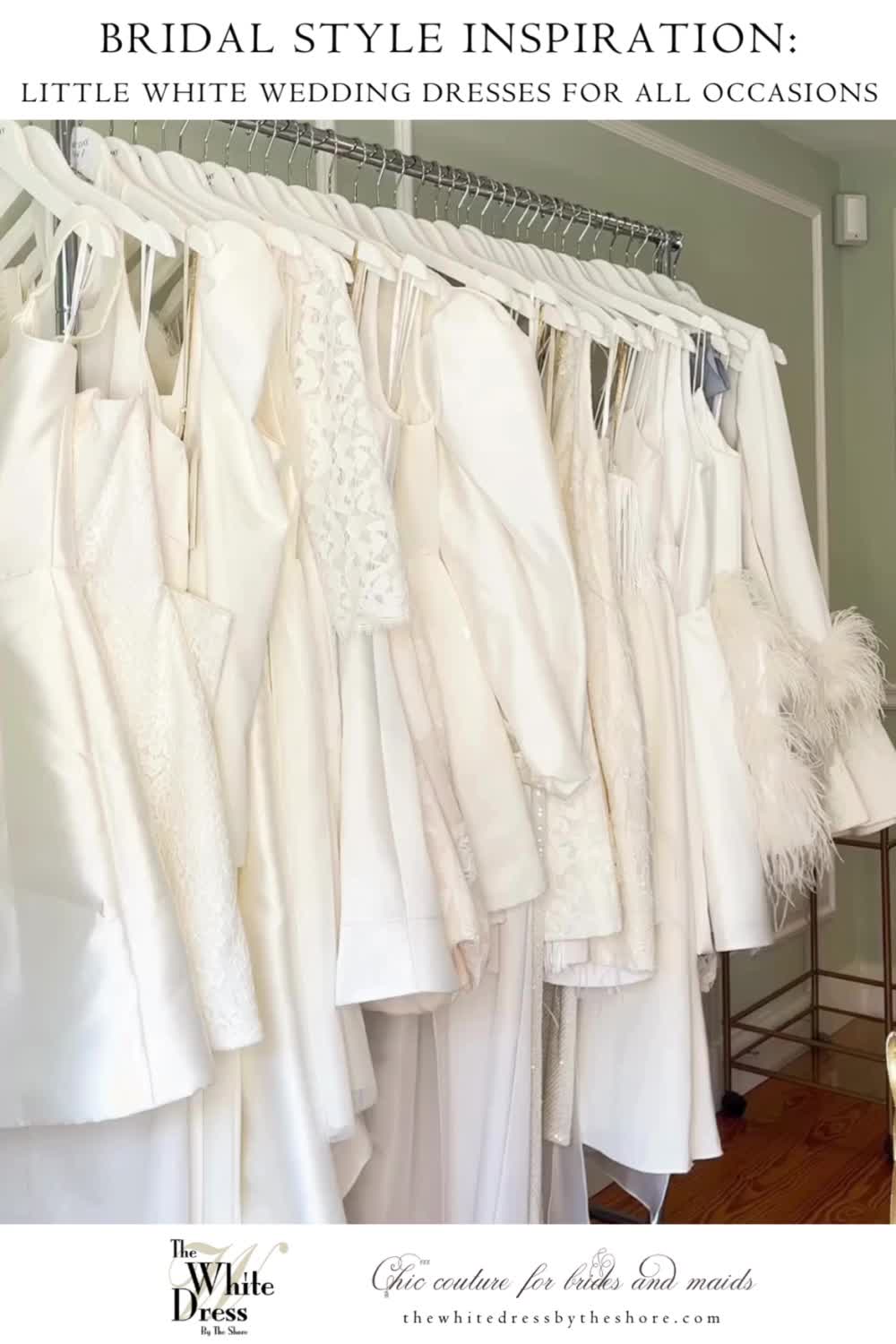 This may contain: a woman standing next to a rack of wedding dresses