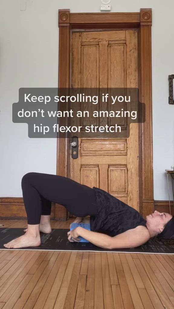 This may contain: a woman is doing a yoga pose with the words hip flexor stretch above her