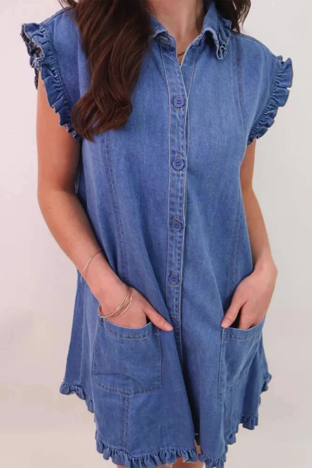 This casual denim dress features a solid color design, distressed details, and a ruffle pocket for a chic touch. The shirt collar and short sleeves add a relaxed vibe, while the loose fit ensures comfort, making it perfect for everyday wear or a laid-back outing.