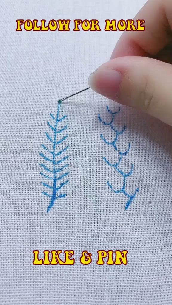 This may contain: the words follow for more like and pin on a white fabric with blue leaves drawn on it