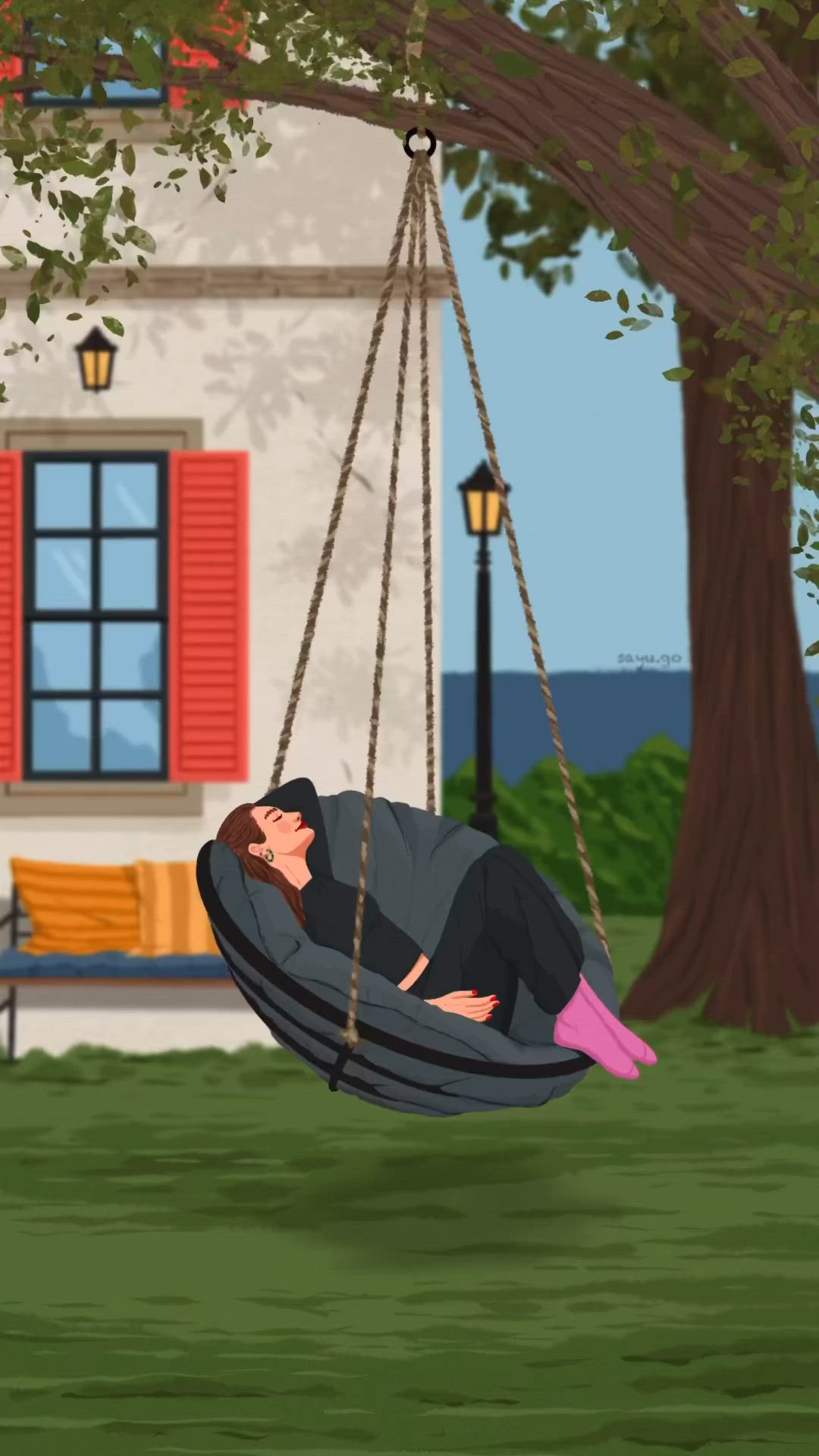 This may contain: a man laying on a hammock in front of a house