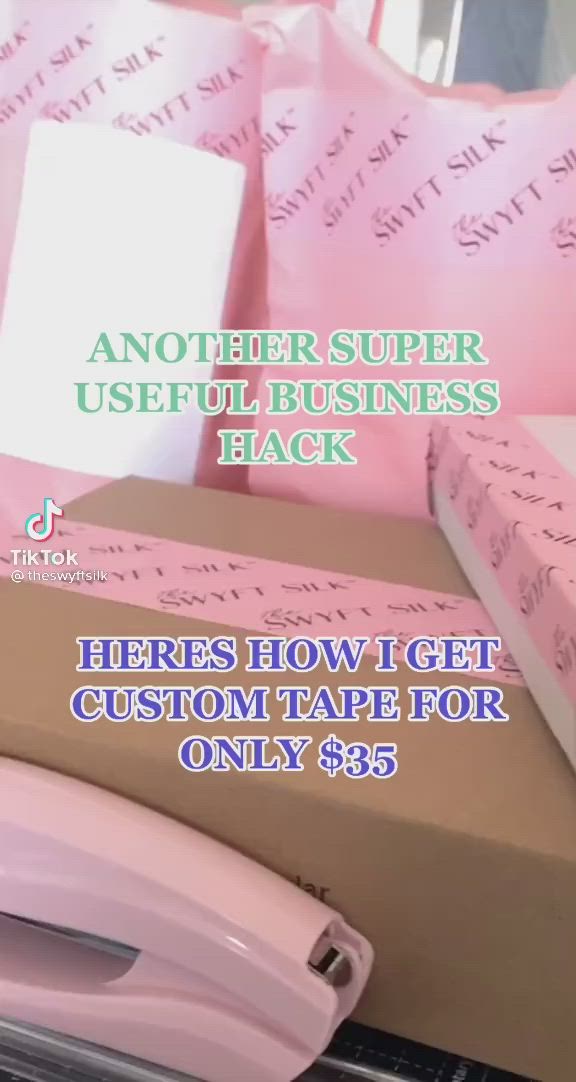 This may contain: there is a pink box with writing on it and the words, another super useful business back here's how i get custom tape for only $ 35