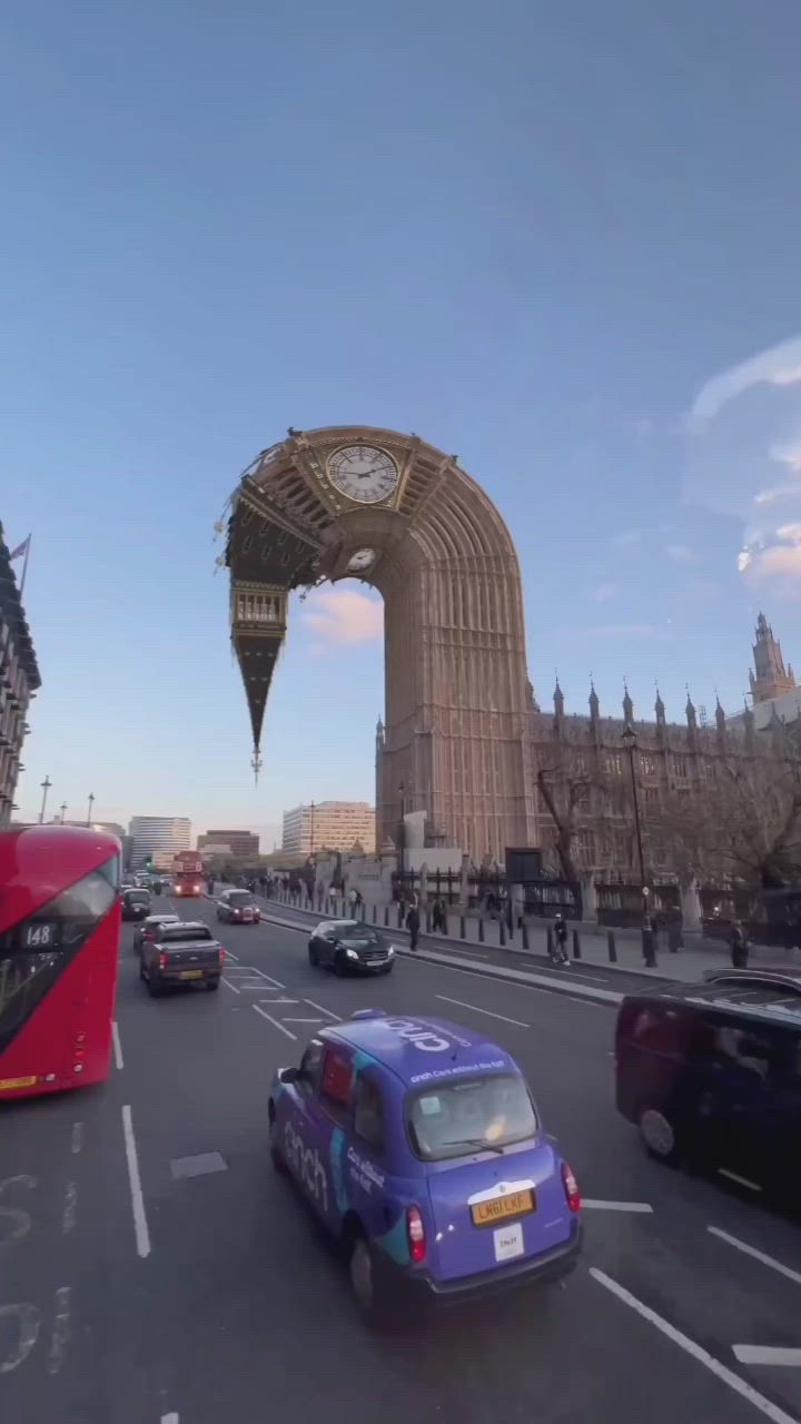 This may contain: a red double decker bus driving down a street next to tall buildings and a clock tower