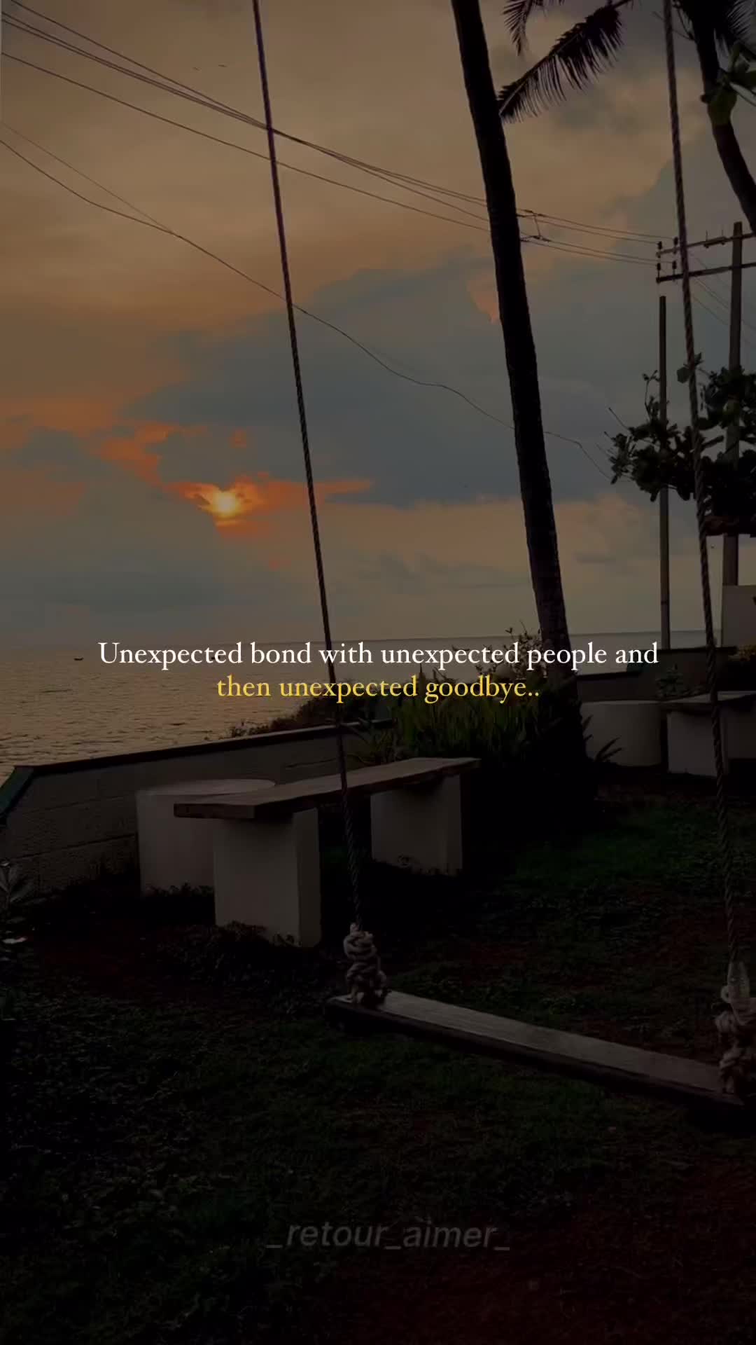 This may contain: the sun is setting behind some palm trees with a quote on it that reads, unexpected bond with unexpected people and then unseeed goodbye