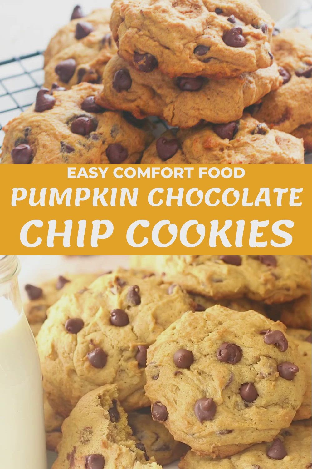 This may contain: pumpkin chocolate chip cookies stacked on top of each other