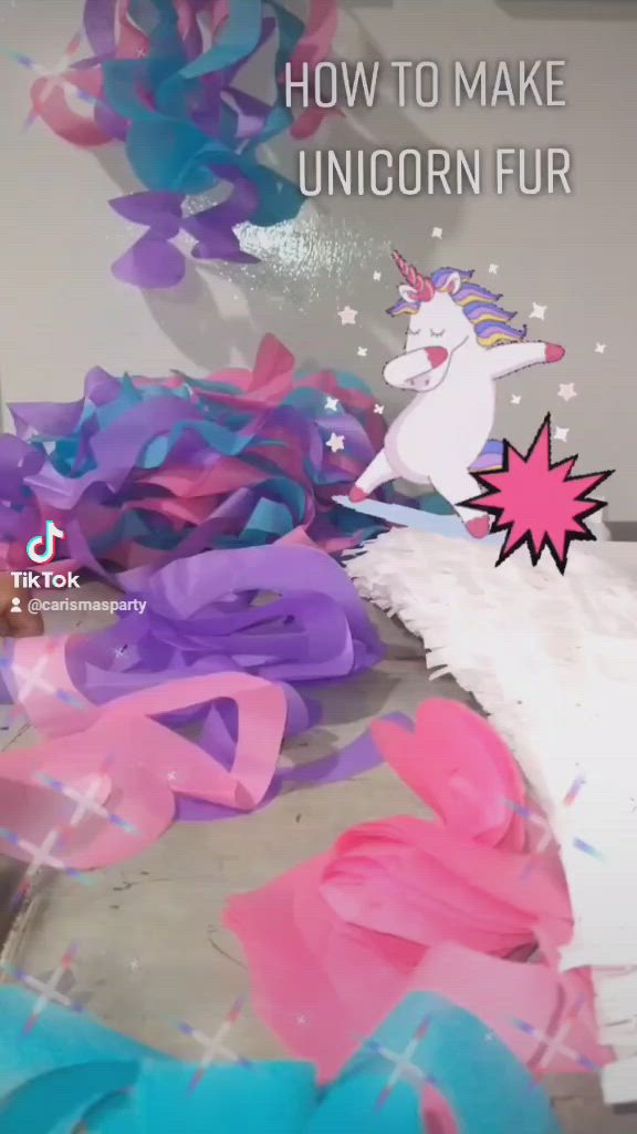 This may contain: an image of unicorns and streamers on the ground with text that reads, how to make unicorn fur