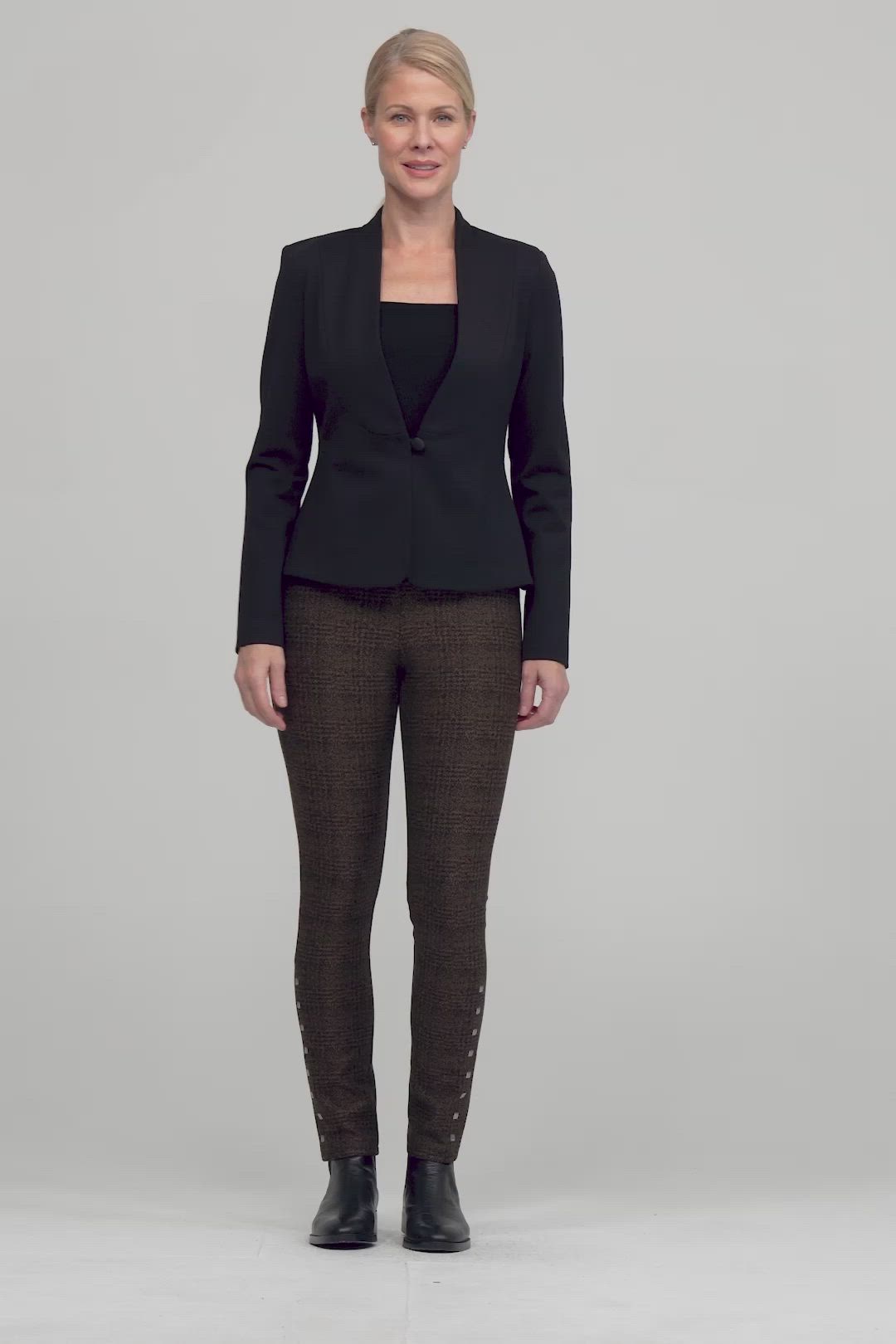 Joseph Ribkoff Style 213050 Color: Black/Brown Composition: 48% Polyester, 26% Viscose Rayon, 23% Nylon, 3% Spandex Description: Elastic waist; No pockets; No zipper; Not lined; Solid; Slim Fit