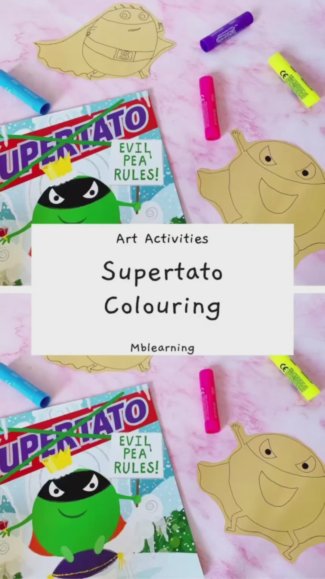 This may contain: two children's books with the title art activities supertato coloring on them