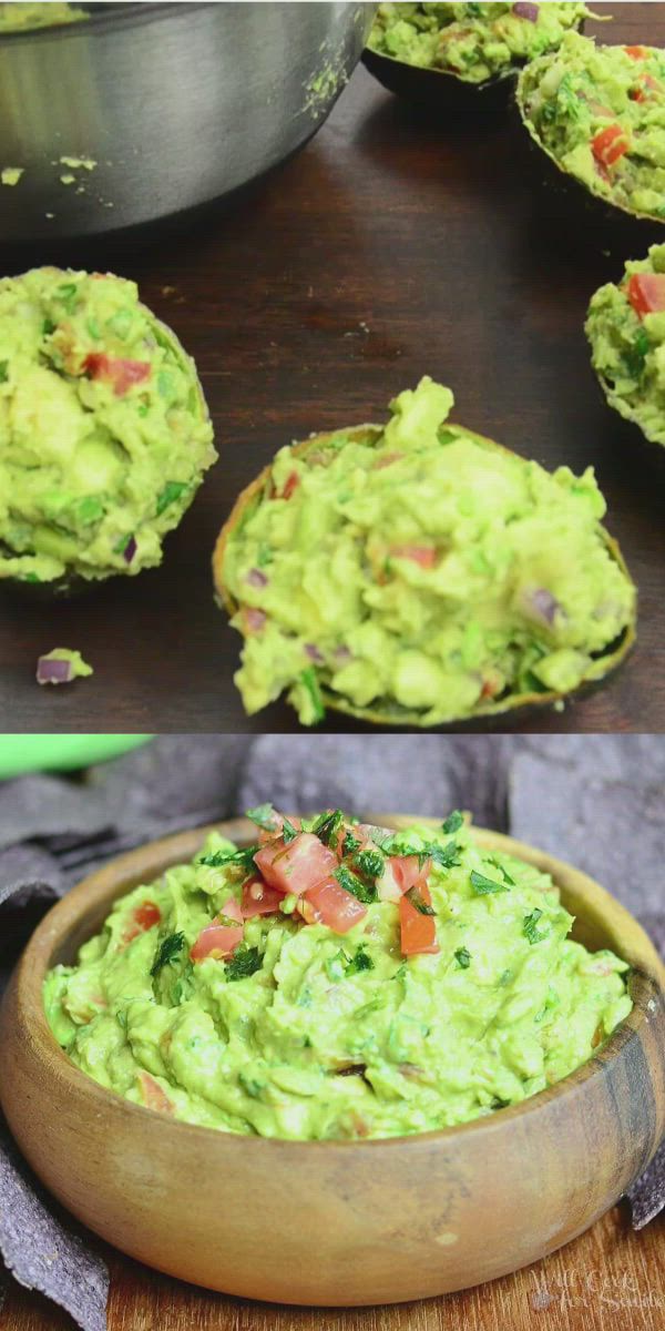 This may contain: the best guacamole recipe is made with avocado and tomatoes