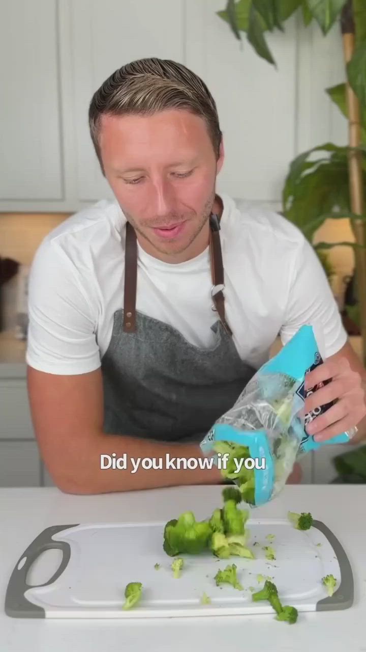 This may contain: a man in an apron is peeling broccoli on a cutting board with the words did you know if you cut it?