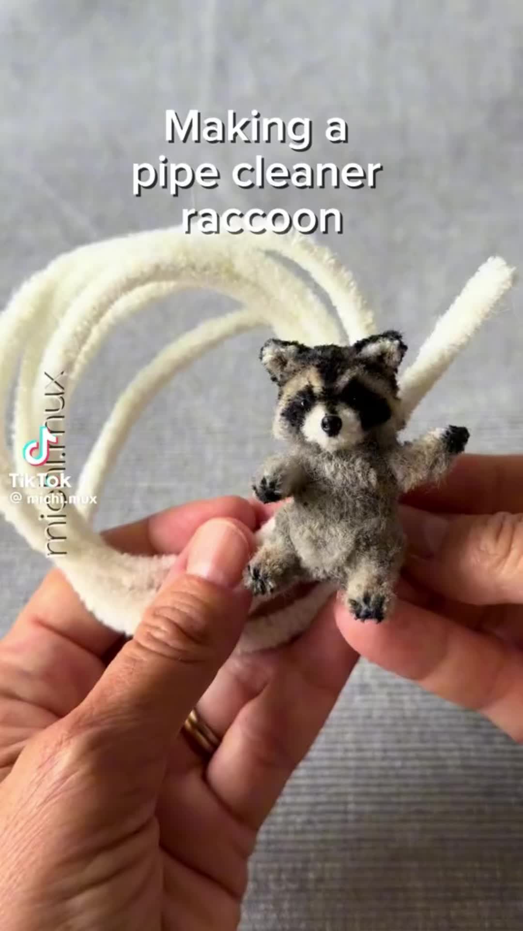 This may contain: a person holding a tiny raccoon in their hand with the caption making a pipe cleaner raccoon