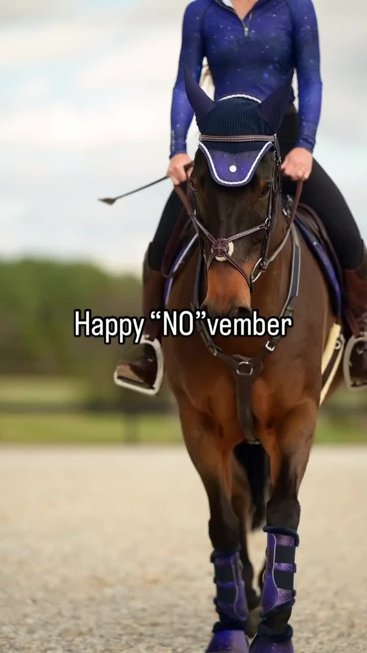 This may contain: a woman riding on the back of a brown horse down a dirt road with words happy no'vember