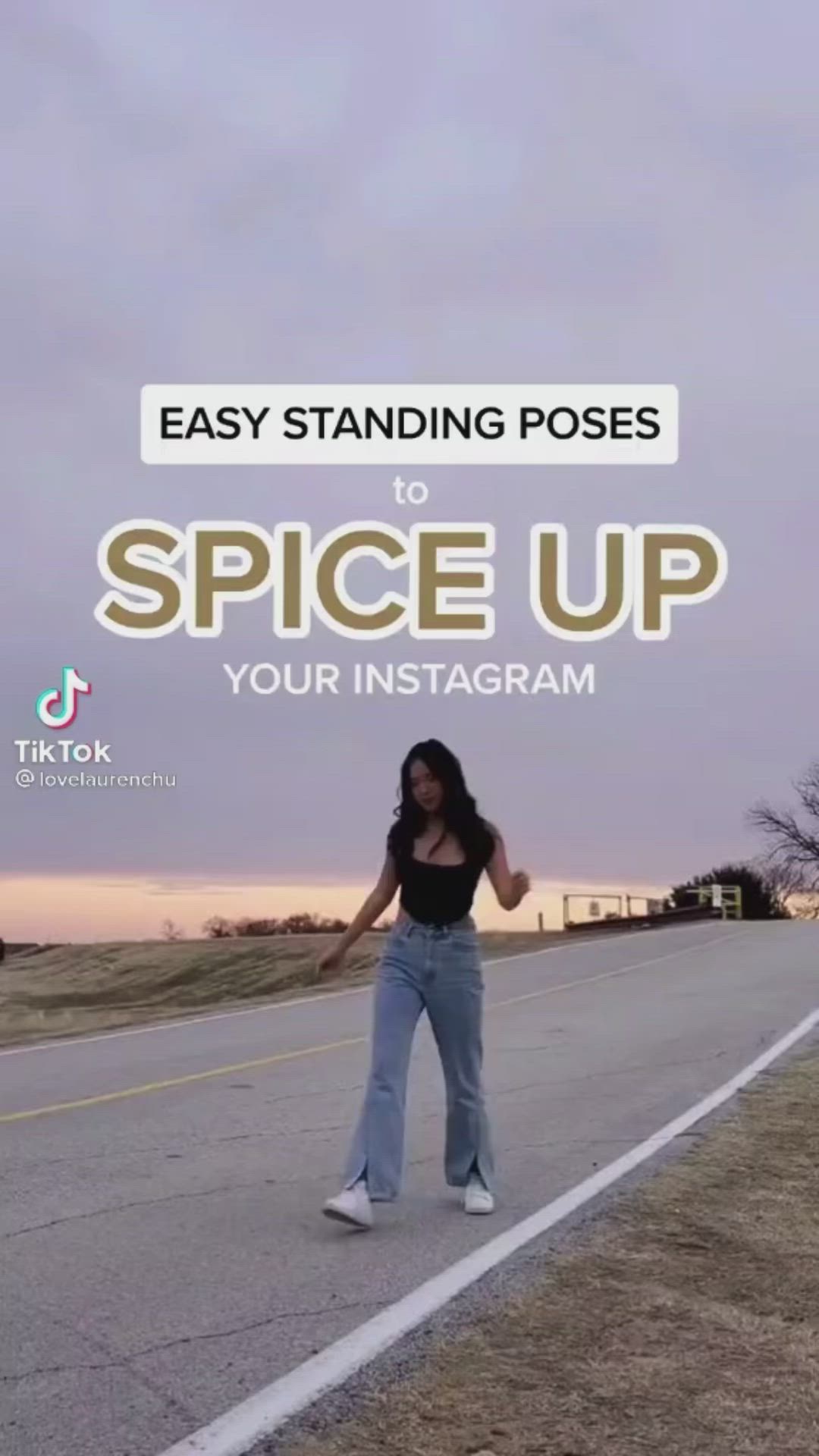 This may contain: a woman is walking down the road with her arms spread out and text that reads, easy standing poses to spice up your instagramm