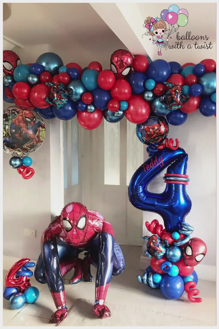 This may contain: spiderman balloon arch with balloons attached to it and the number four in front of it