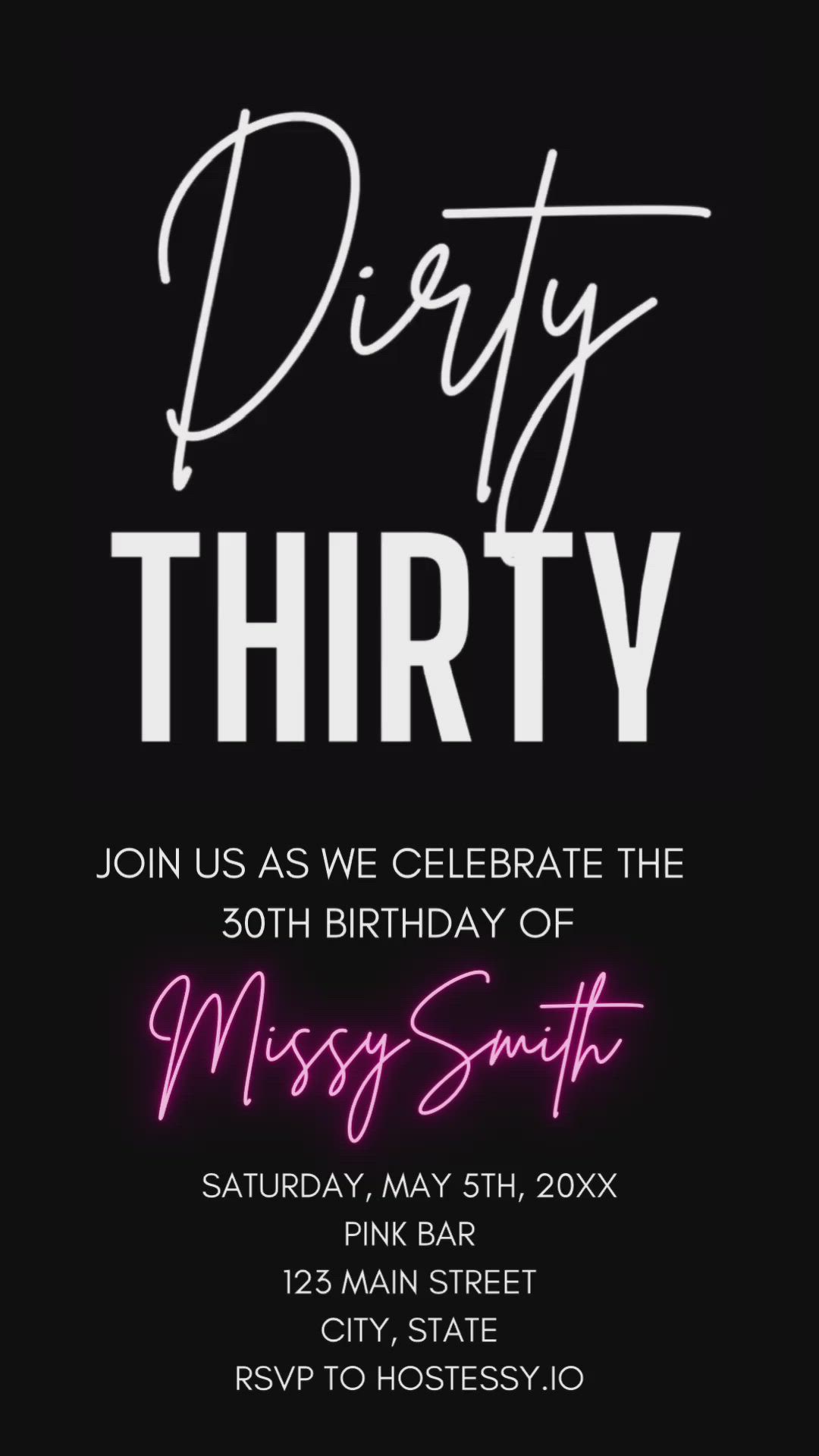 This may contain: a party flyer with the words dirty thirty and neon lights in pink on black background