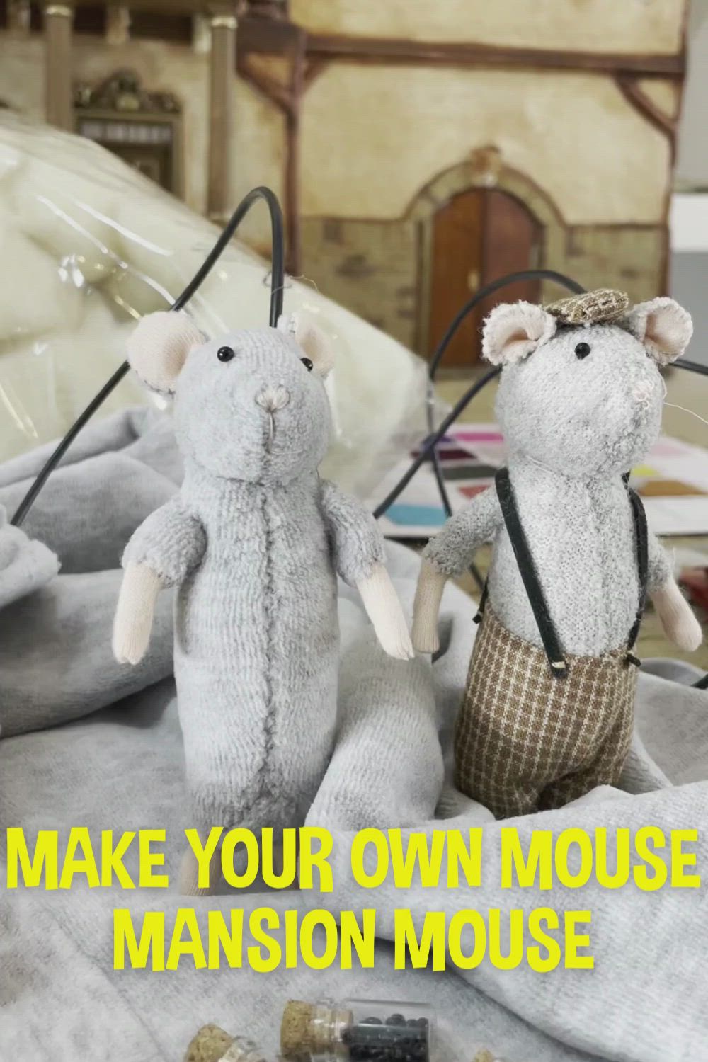 This may contain: two stuffed mice sitting next to each other