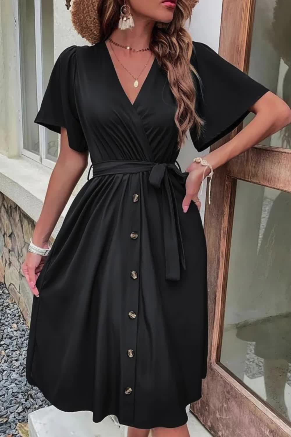 Solid Color V Neck Belted Dress, Elegant Button Front Short Sleeve Midi Dress For Spring & Summer