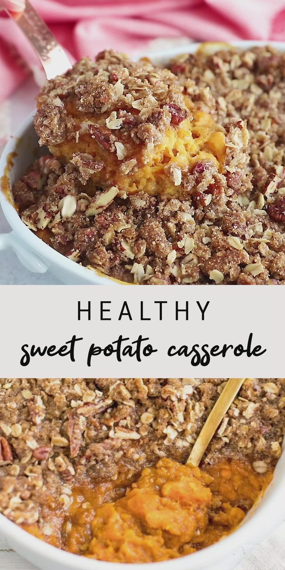 This may contain: healthy sweet potato casserole with oatmeal toppings in a white dish