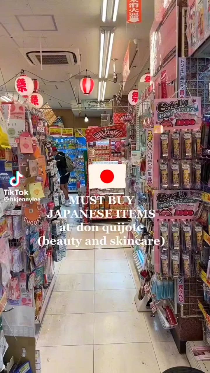 This may contain: the inside of a store with many items for sale on shelves and in front of it is a sign that says, must buy japanese items