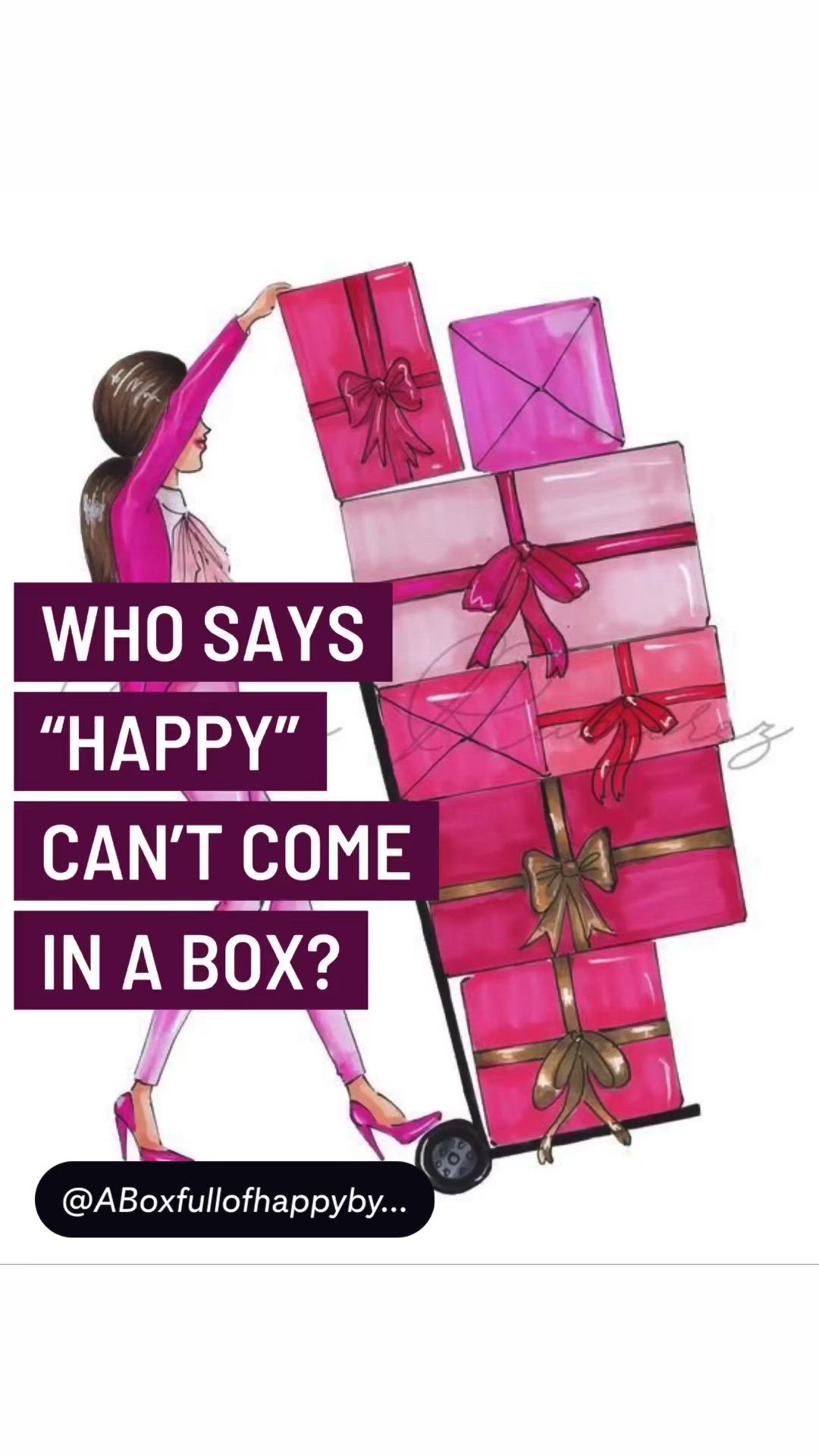 This may contain: a woman carrying presents with the words who says happy can't come in a box?