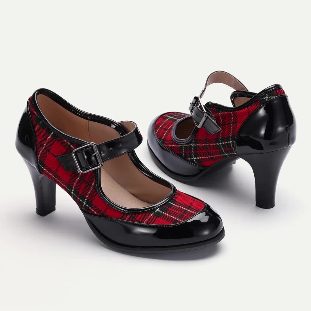 Category:Heels; Upper Materials:PU,Cloth; Embellishment:Buckle; Heel Type:Stiletto; Gender:Women's; Size Suggestion:standard size, select your usual size; Toe Shape:Round Toe; Style:Vintage,Elegant,Preppy; Outsole Materials:Rubber; Occasion:Daily,Work; Closure Type:Buckle; Pattern:Plaid; Listing Date:06/27/2024; Production mode:External produce; 2024 Trends:Retro,Mary Jane; Size chart date source:Provided by Supplier.; Strap Type:Adjustable Strap; Heel Height(inch):2.75