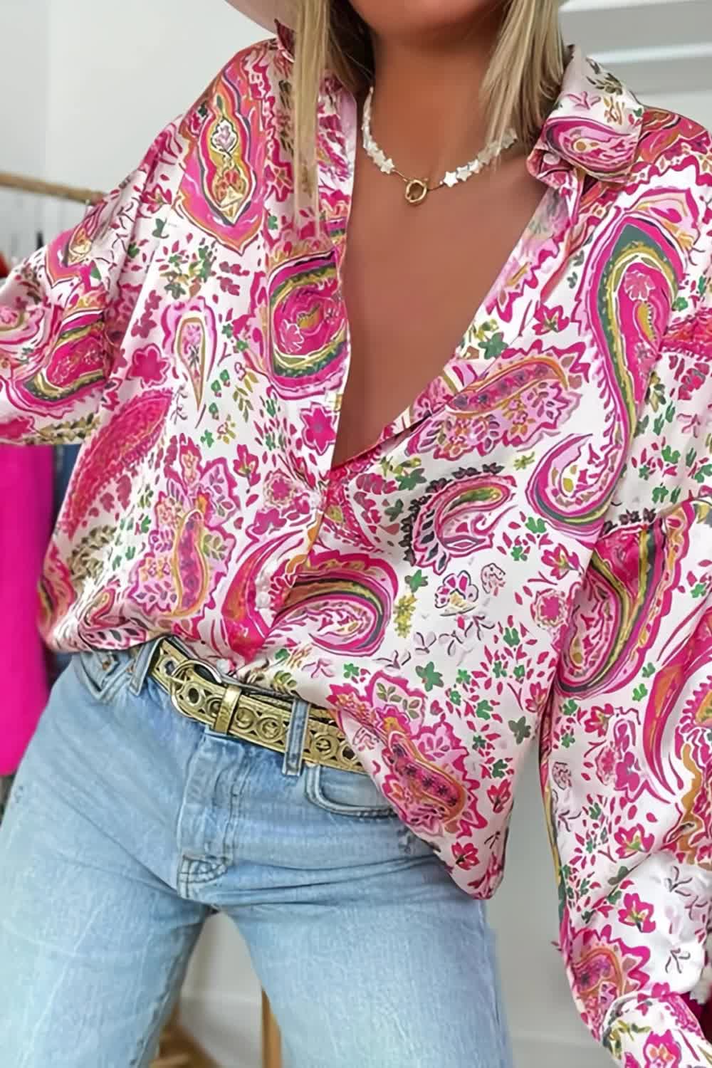 Women's Paisley Print Polo Collar Long Sleeve Shirt for Spring and Fall - Casual and Stylish Top for Any Occasion