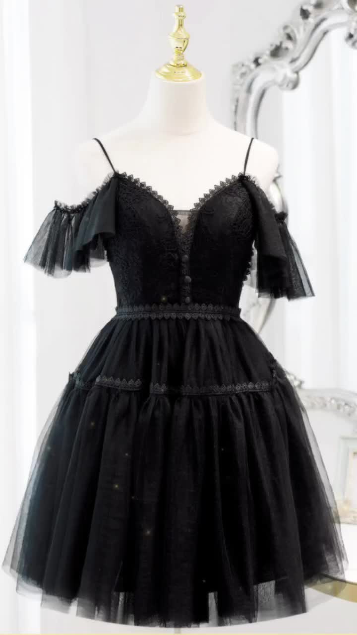 This contains: Little Black Lace Short Tulle Homecoming Dress with Cold Shoulder