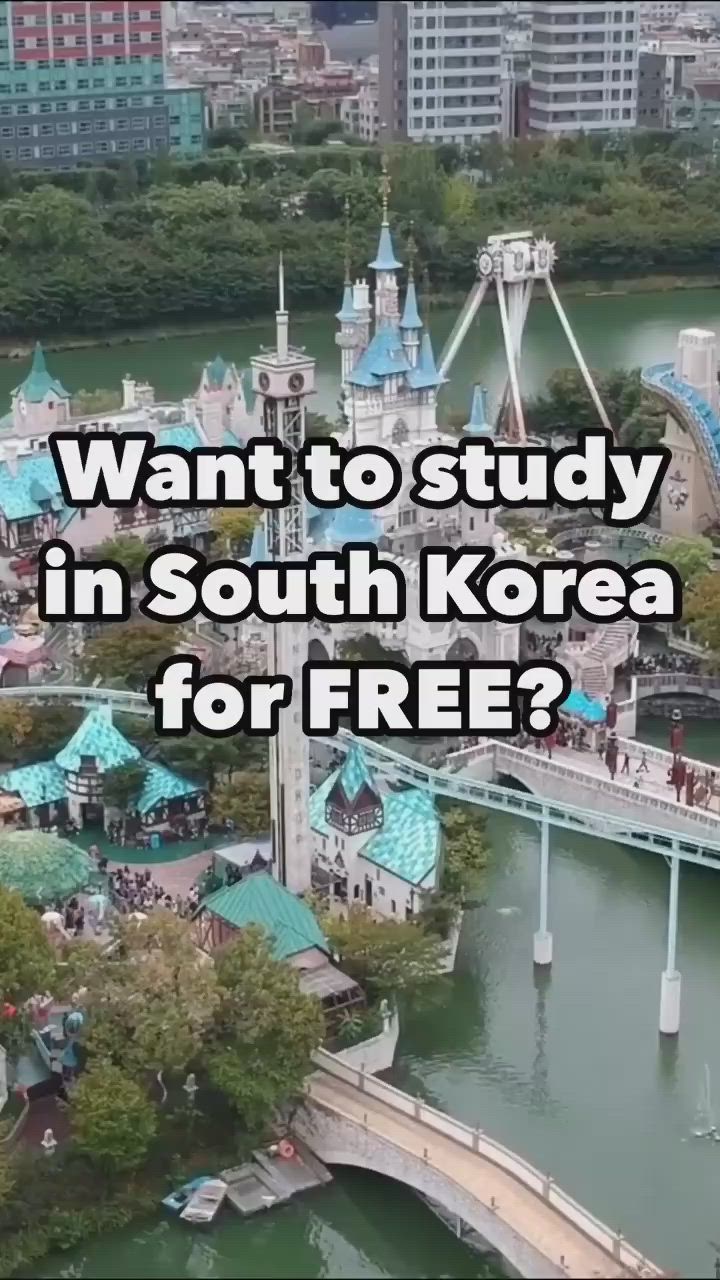 This may contain: an aerial view of a theme park with the words want to study in south korea for free?