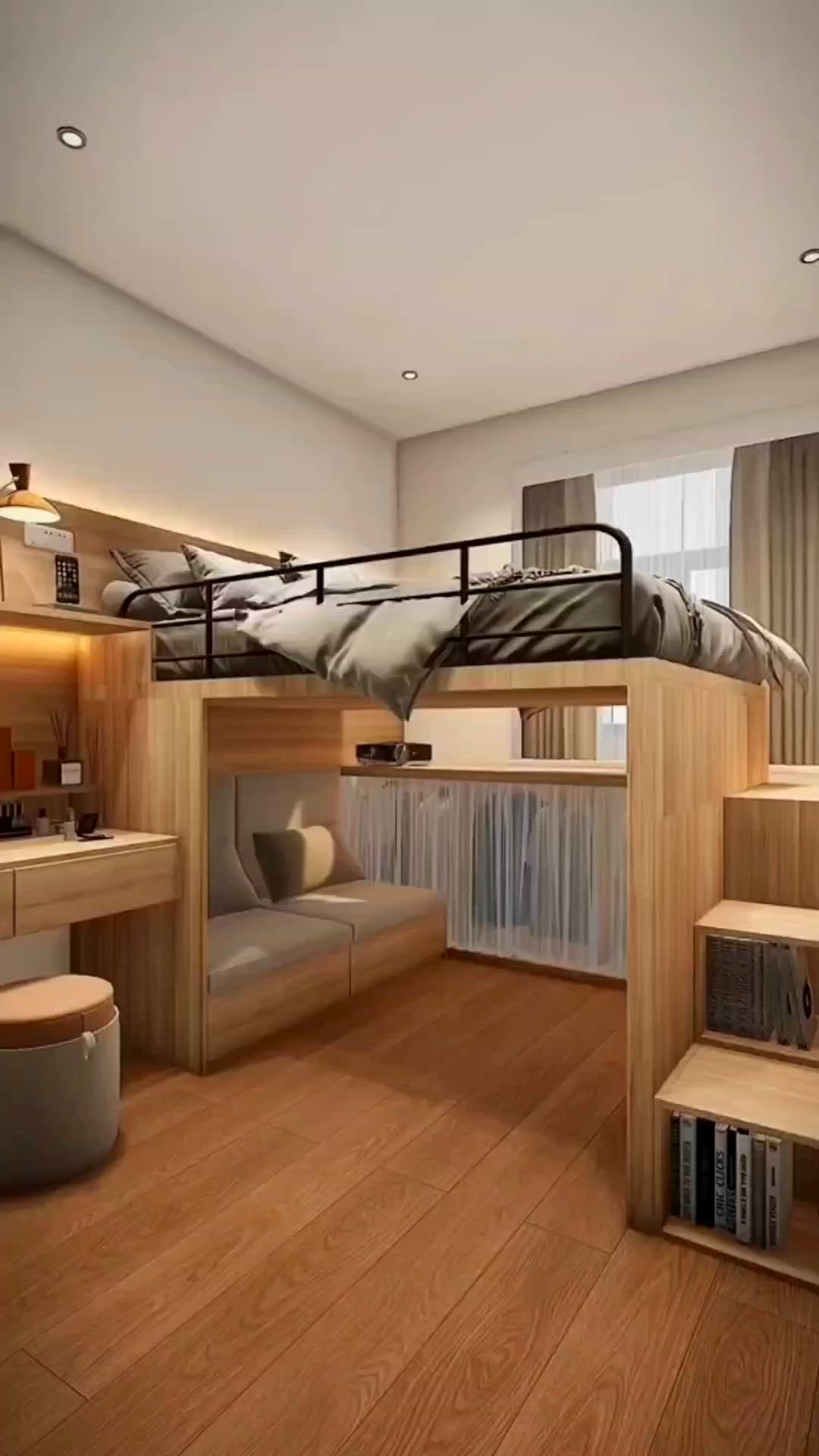 This may contain: a loft bed is in the middle of a room with wooden flooring and built - in bookshelves