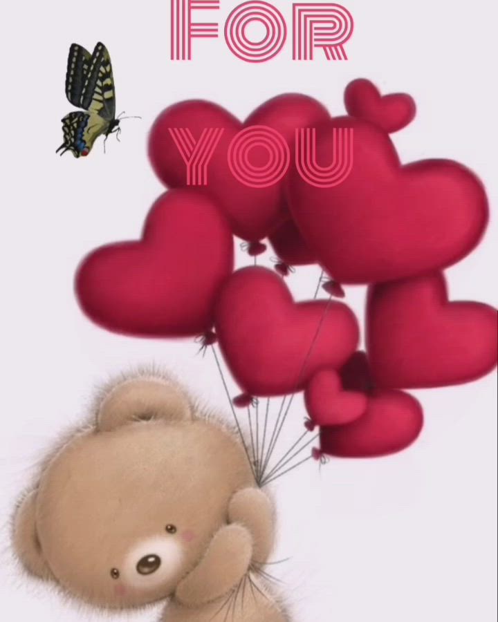 This may contain: a teddy bear holding some heart shaped balloons with the words i love you on it