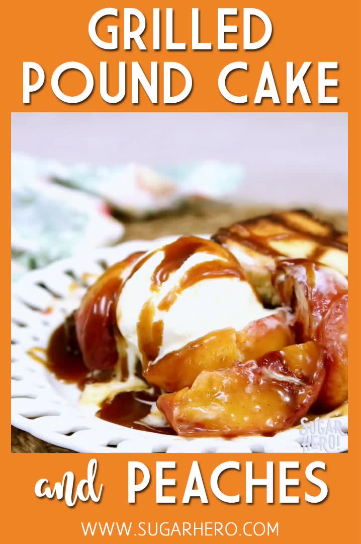 This may contain: grilled pound cake and peaches with chocolate drizzle on top, in front of an orange background